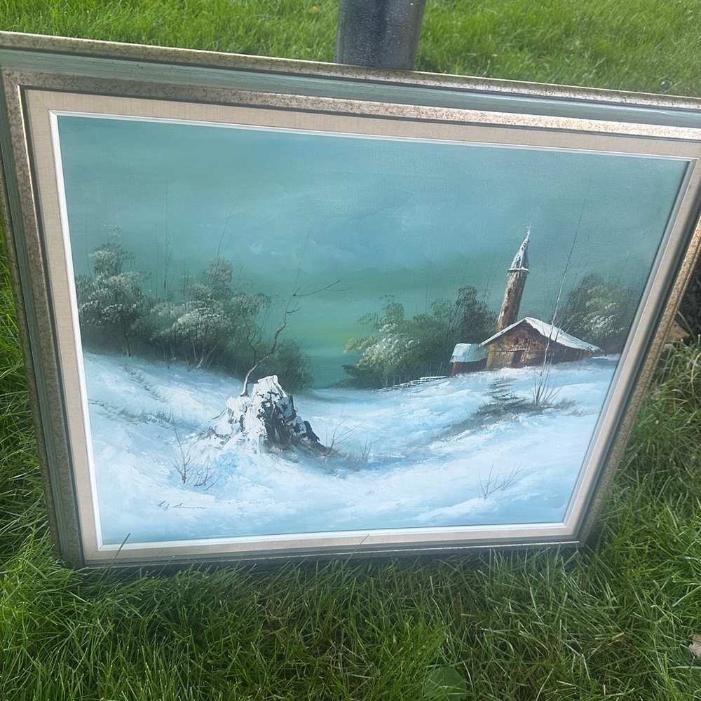 Framed Winter Landscape Wall Art in Teal and White